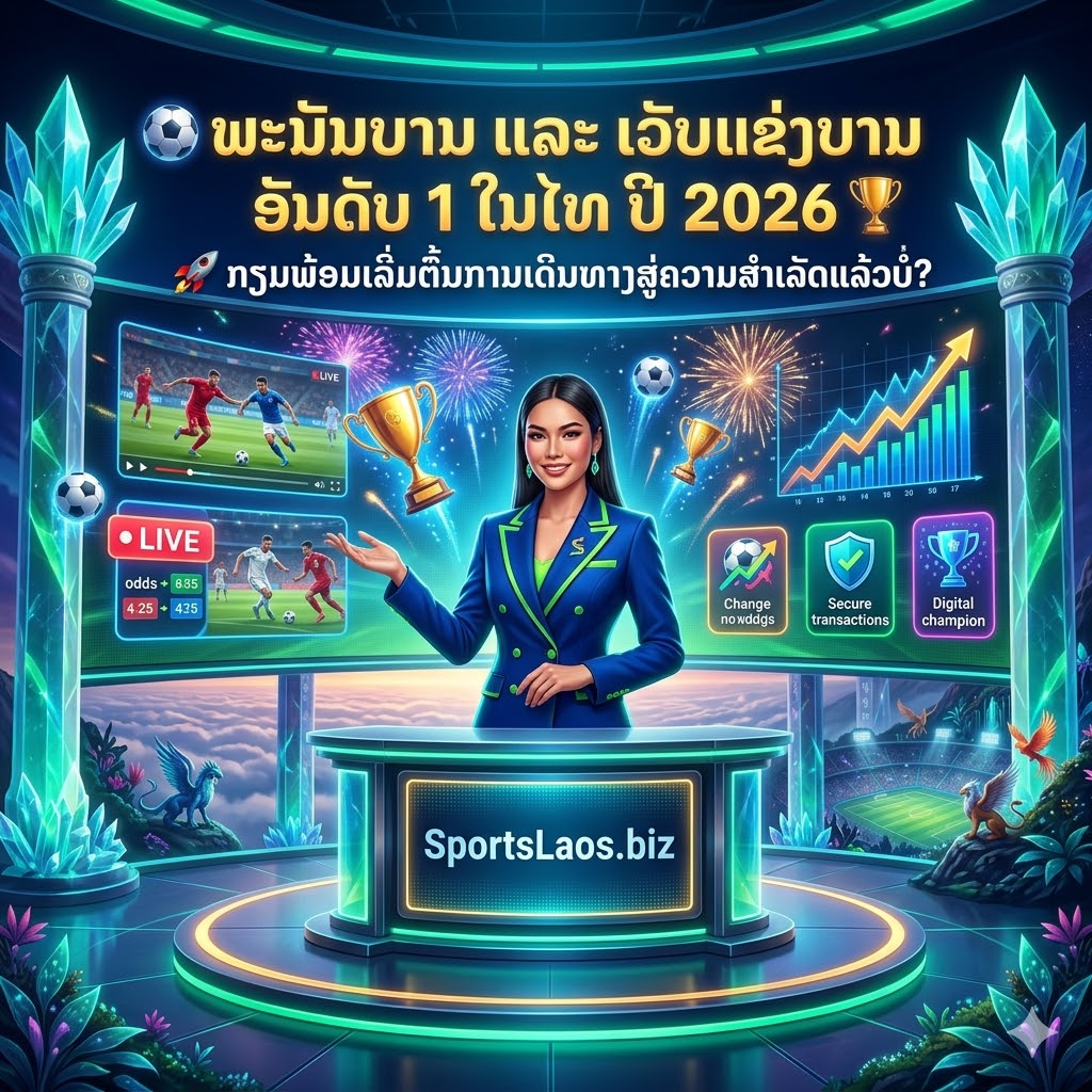 A professional studio photograph of a smiling Thai female presenter in a futuristic sports broadcast studio, pointing toward a large curved screen displaying bold Lao text that translates to 'No. 1 Football Betting and Sports Website in Thailand in 2026' and includes a trophy icon. The website SportsLaos.biz is visible on her desk. The studio lighting is highly colorful and dynamic.