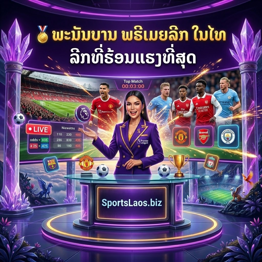 A professional studio photograph of a charismatic Thai female presenter in a purple blazer, standing in a high-tech sports studio. Behind her, a large LED screen displays Premier League football highlights and bold Lao text that translates to 'Premier League Betting in Thailand - The Hottest League'. The SportsLaos.biz logo is illuminated on a modern glass desk in the foreground.