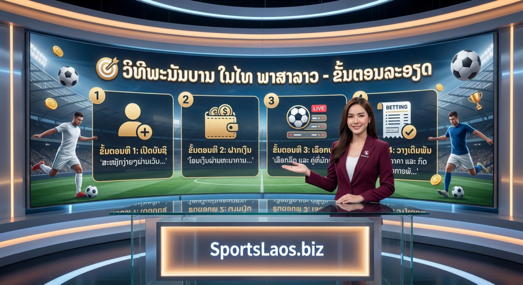 A 1:1 square studio photograph of a Thai female presenter holding a smartphone. Large Lao text above her translates to 'How to Bet on Football in Thailand in Lao - Detailed Steps.' The image includes numbered icons for account setup and deposits, set against a high-tech sports studio background with the SportsLaos logo.