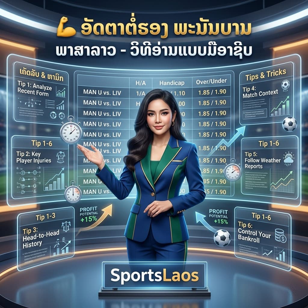 A 1:1 square studio photograph featuring a smiling Thai female presenter in a professional green and blue blazer. Above her, bold Lao text translates to 'Football Betting Today in Thailand - Hot Matches You Shouldn't Miss.' Beside her is a digital display showing a schedule of upcoming football matches with team logos and betting odds. The SportsLaos logo is clearly visible on a sleek glass desk in the foreground, and floating football and calendar icons add to the high-energy sports atmosphere.