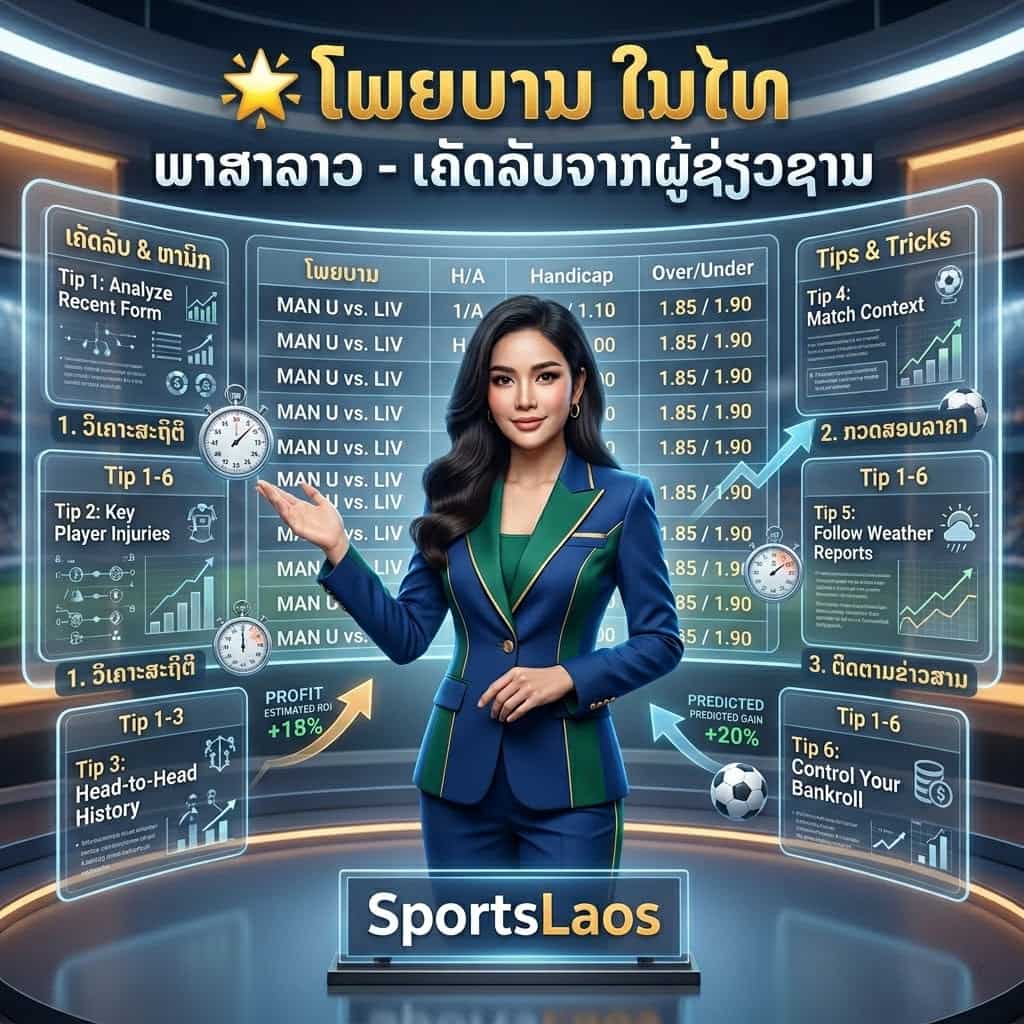 A 1:1 square studio photograph featuring a smiling Thai female presenter in a professional green and blue blazer, standing in a high-tech sports studio. Above her, bold Lao text translates to 'Football Predictions in Thailand, Lao Language - Tips from Experts.' She is gesturing toward a large transparent digital display showing a detailed football prediction slip, data analysis, and expert tips with icons. The image includes floating stopwatches, profit arrows, and the SportsLaos logo on a sleek desk in the foreground.