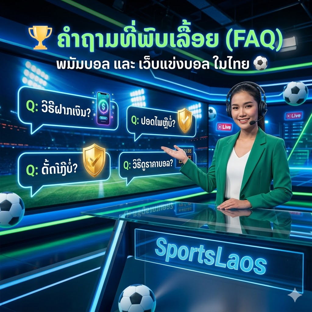 A professional photograph of a friendly Thai female presenter wearing a headset in a sports-themed studio. She is pointing toward a large digital screen displaying FAQ information about football betting in Thailand. The screen contains Lao and Thai text and icons for banking, security, and betting odds. The SportsLaos logo is visible on a modern desk in the foreground.
