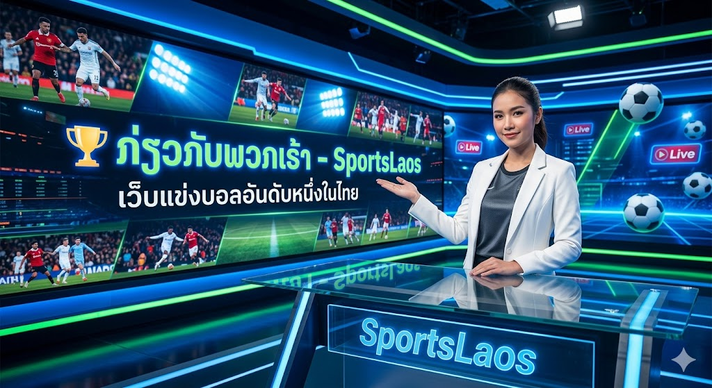 A professional studio photograph of a Thai female presenter in a sports-themed broadcast studio. She is standing in front of a large panoramic screen displaying football highlights and digital data. The screen features Lao and Thai text that translates to 'About Us - SportsLaos | The Number One Football Betting Site in Thailand'. The SportsLaos brand name is visible on a high-tech desk in the foreground.